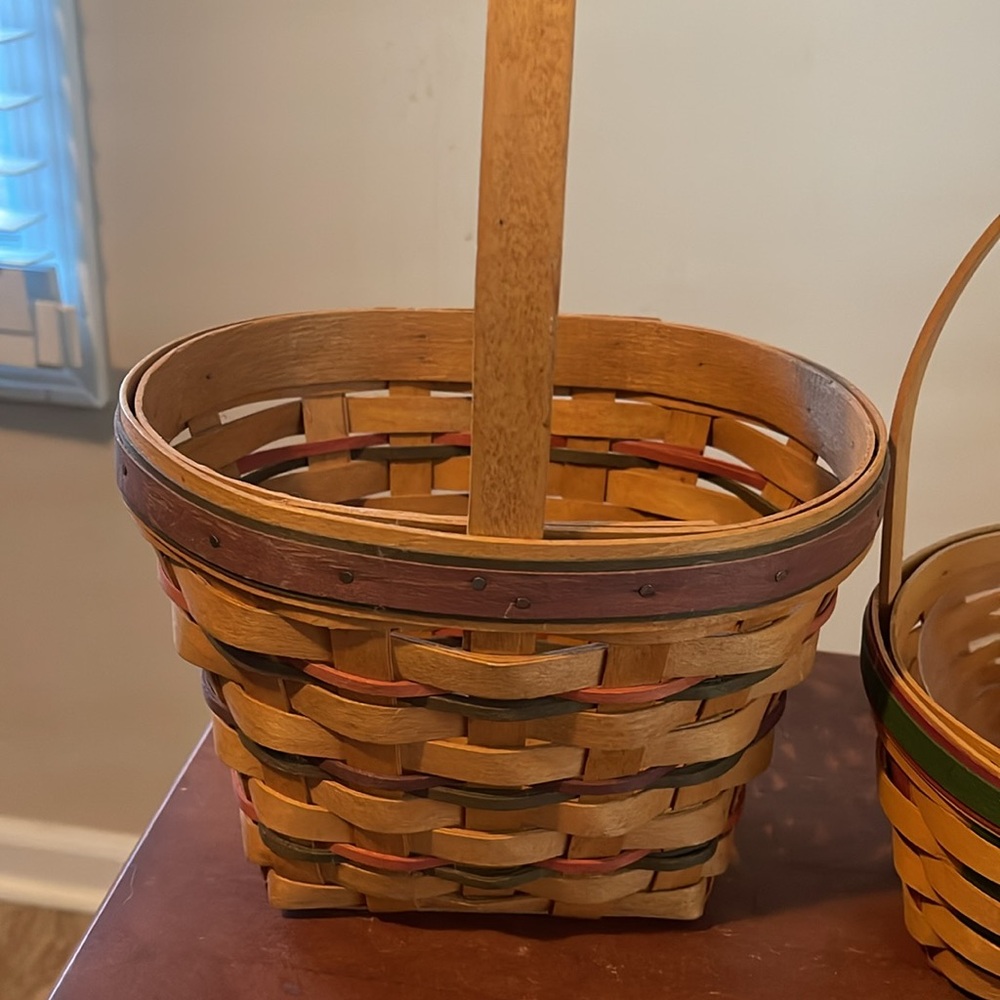 2- Longaberger Baskets W/ Red & Green Strips 1999 & 1995 w/Plastic Liner - Picture 2 of 5